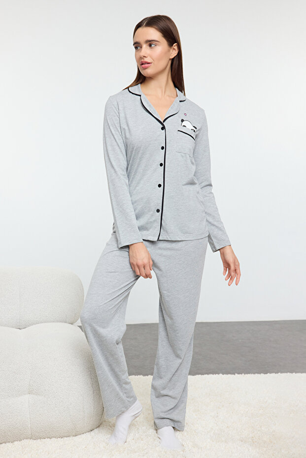 Gri Melanj Pamuklu Panda Baskılı Örme Pijama Takımı THMAW21PT0245 - 2