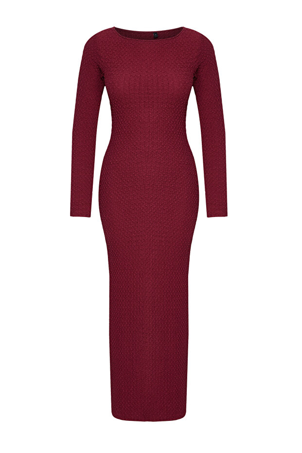Bordo Düz Dokulu Fitted/Vücuda Oturan Maxi Örme Elbise TWOAW25EL00097 - 6