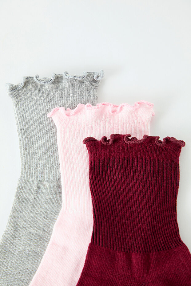 Bordo-Pudra-Gri 3'lü Paket Pamuklu Lastik Ağzı Marul Detaylı Örme Çorap THMAW24CO00019 - 3