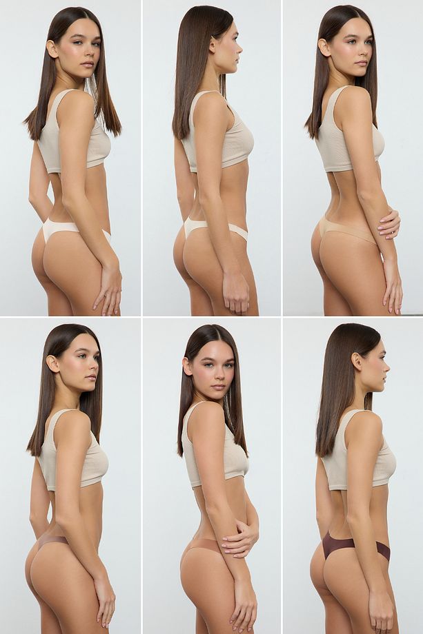 Kahverengi-Çok Renkli 6'lı Micro Dikişsiz/İz Yapmaz Lazer Kesim Tanga Örme Külot THMAW25KU00039 - 3