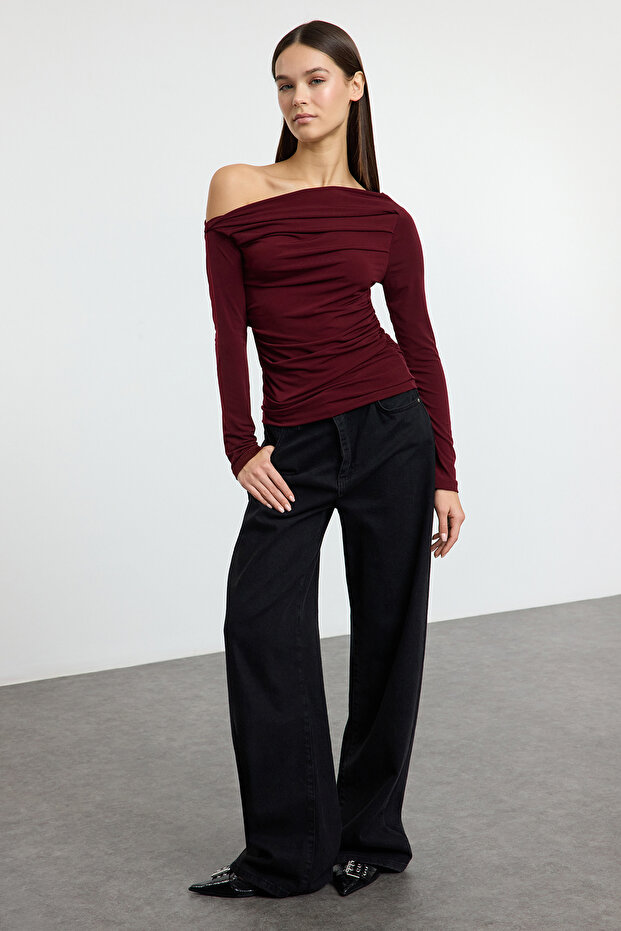 Bordo Büzgü/Drape Detaylı Fitted/Vücuda Oturan Uzun Kollu Esnek Örme Bluz TWOAW25BZ00248 - 2