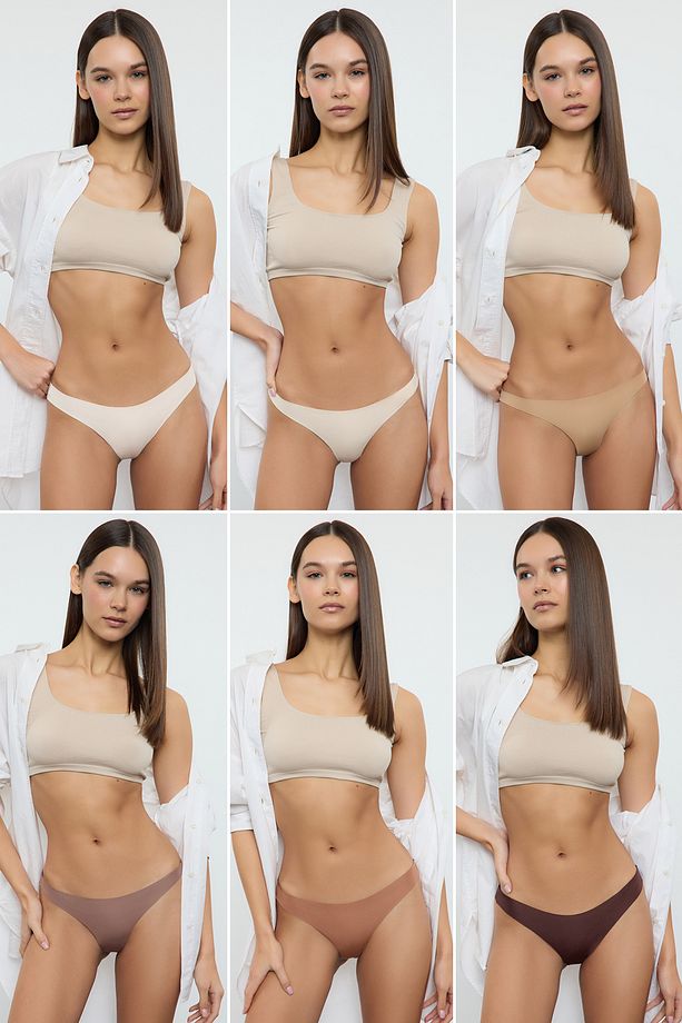 Kahverengi-Çok Renkli 6'lı Micro Dikişsiz/İz Yapmaz Lazer Kesim Tanga Örme Külot THMAW25KU00039 - 2