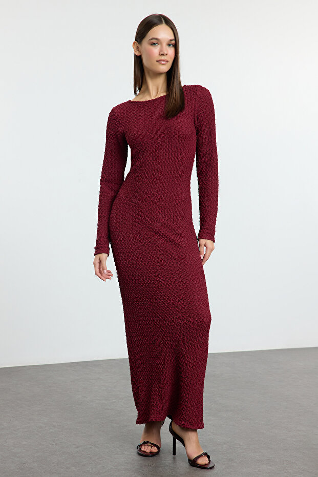 Bordo Düz Dokulu Fitted/Vücuda Oturan Maxi Örme Elbise TWOAW25EL00097 - 2