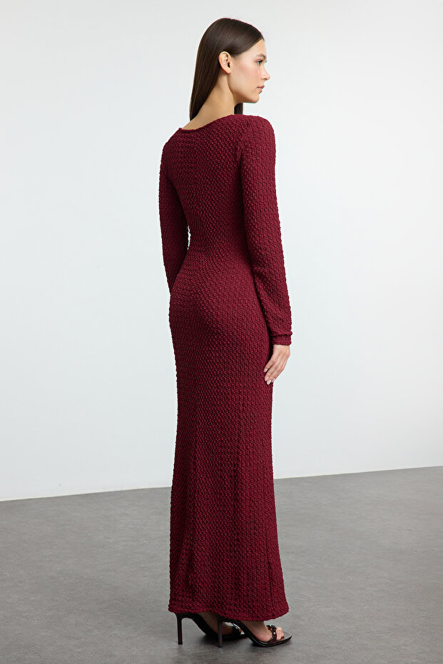 Bordo Düz Dokulu Fitted/Vücuda Oturan Maxi Örme Elbise TWOAW25EL00097 - 5