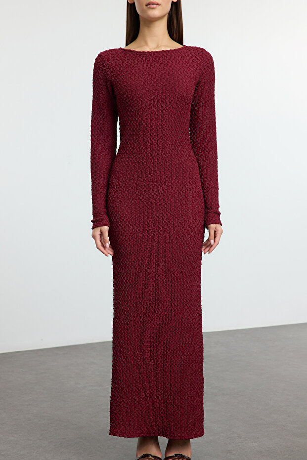 Bordo Düz Dokulu Fitted/Vücuda Oturan Maxi Örme Elbise TWOAW25EL00097 - 3