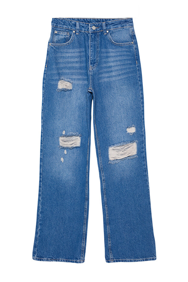 Mavi Yırtıklı Yüksek Bel Wide Leg Geniş Paça %100 Pamuk Non-Stretch Jeans TWOSS24JE00199 - 11