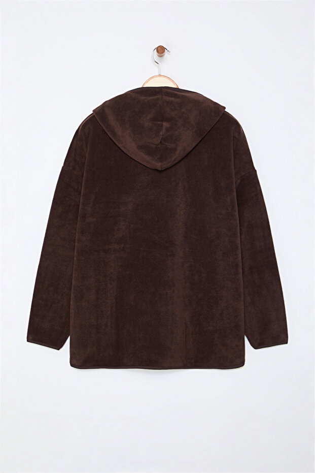 Kahverengi Kalın Polar Kapüşonlu ve Fermuarlı Oversize Örme Büyük Beden Sweatshirt TBBAW25AO00030 - 7