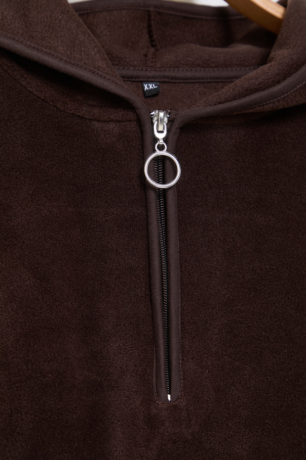 Kahverengi Kalın Polar Kapüşonlu ve Fermuarlı Oversize Örme Büyük Beden Sweatshirt TBBAW25AO00030 - 8