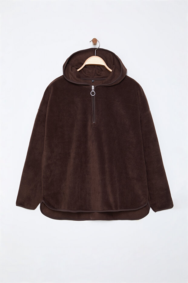 Kahverengi Kalın Polar Kapüşonlu ve Fermuarlı Oversize Örme Büyük Beden Sweatshirt TBBAW25AO00030 - 6