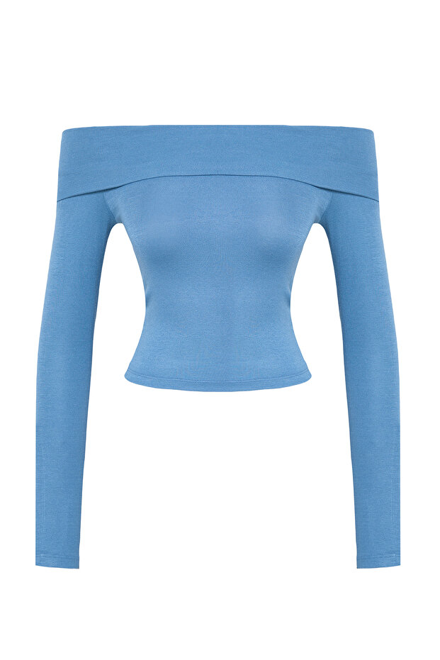 Indigo Carmen Yaka Crop/Kısa Esnek Örme Bluz TWOAW25BZ00008 - 6