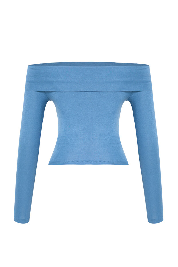 Indigo Carmen Yaka Crop/Kısa Esnek Örme Bluz TWOAW25BZ00008 - 7