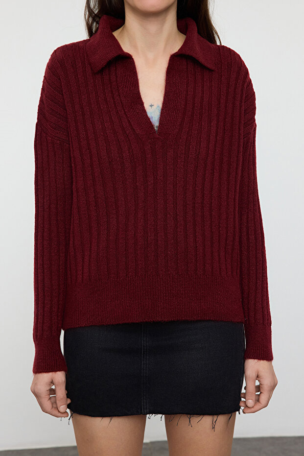 Bordo Yumuşak Dokulu Polo Yaka Triko Kazak TWOAW24KZ00678 - 3