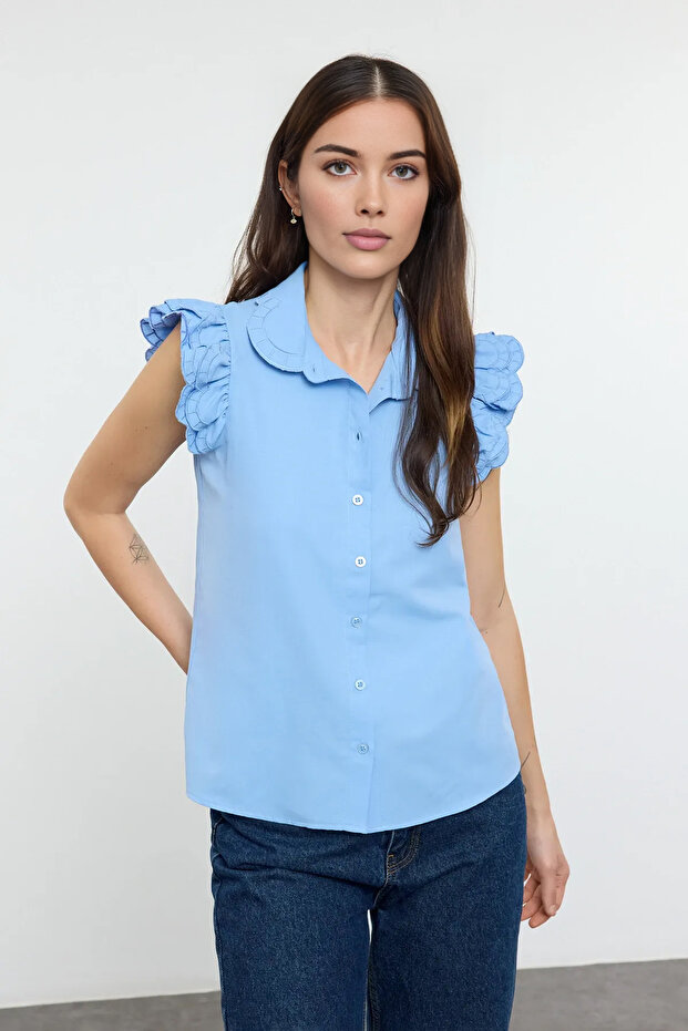 Blue Shoulder and Collar Embroidery Detailed Woven Shirt TWOSS22GO0234