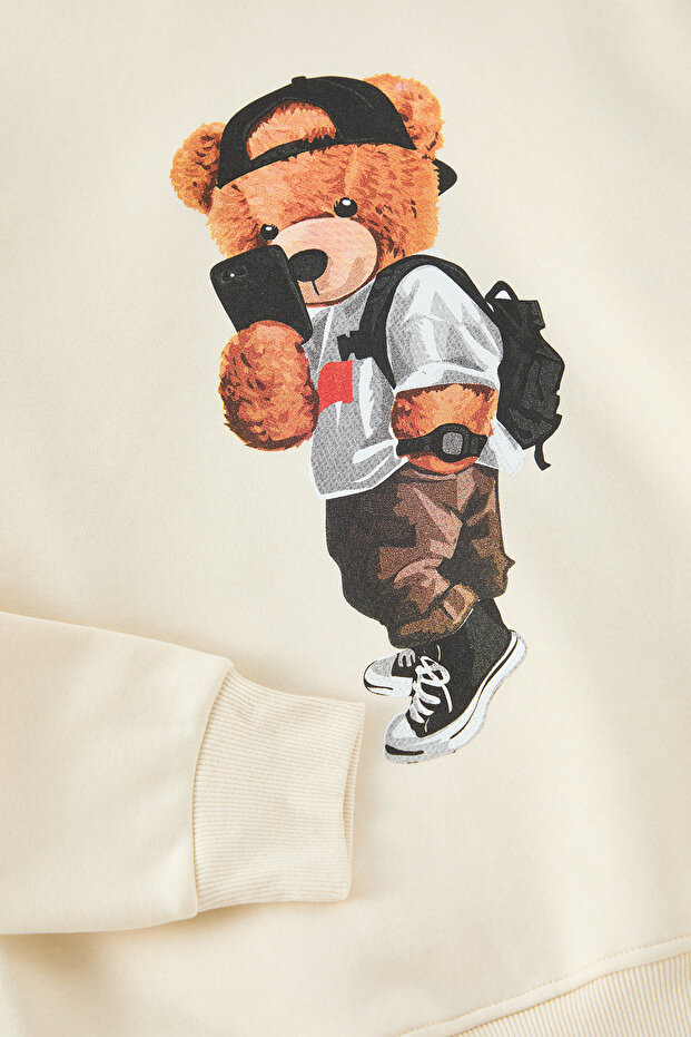 Ekru Unısex Oversize Ayıcık Baskılı İçi Polar/Sıcak Tutan Kapüşonlu Sweatshirt TMNAW25SW00210 - 3