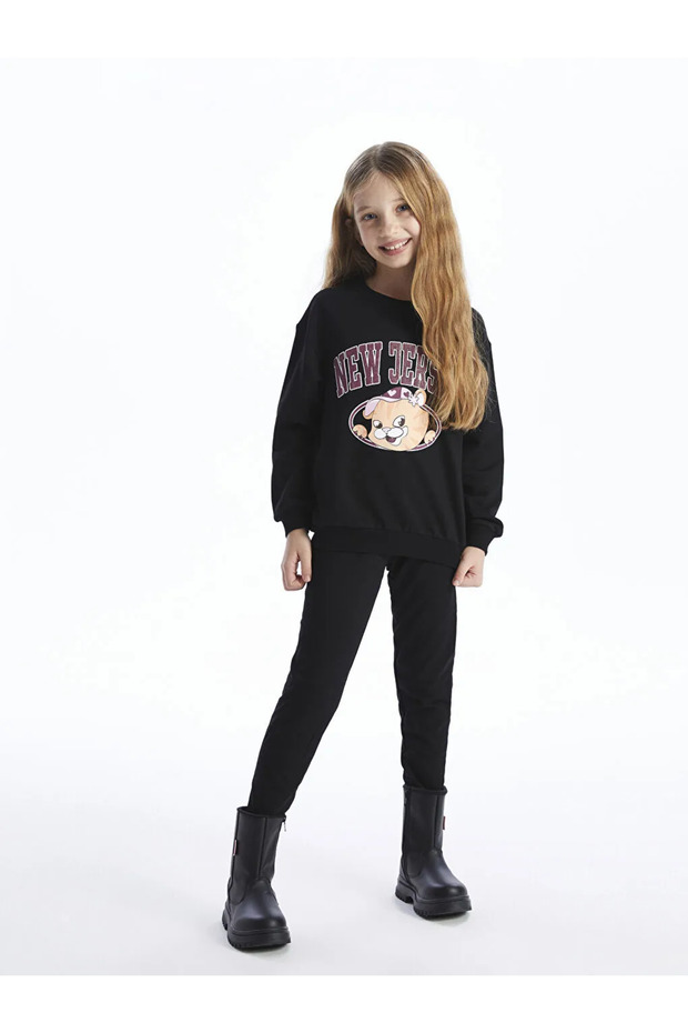 Lcw Kids Black Crew Neck Printed Long Sleeve Girls Sweatshirt