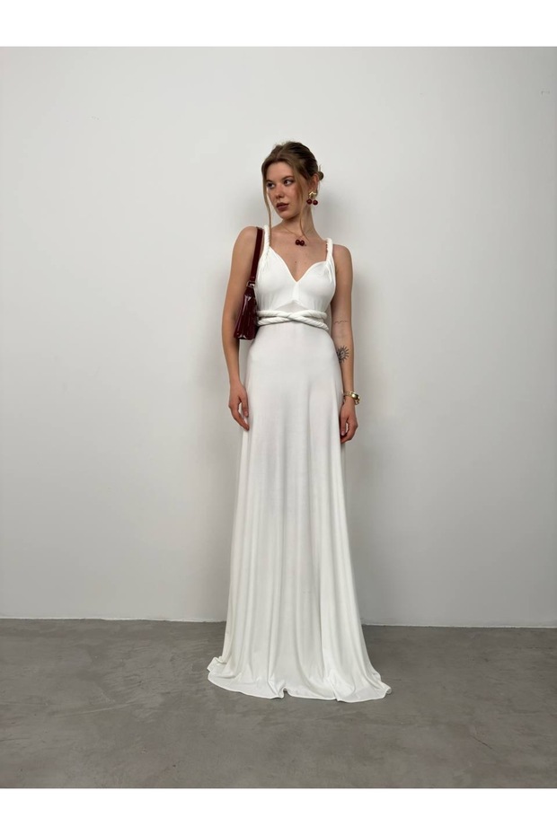 Lycra Maxi Length Dress - Lacing Detail, Belt and Sirt Low-Cut