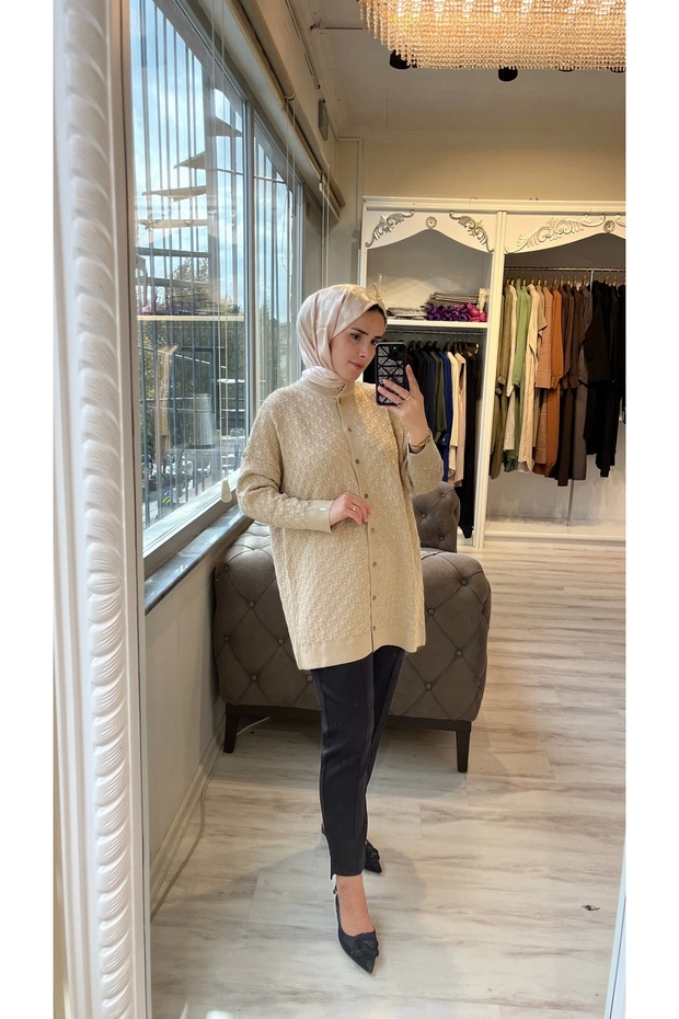 İNVEE 6957 Desenli Triko Hırka - Camel - 1