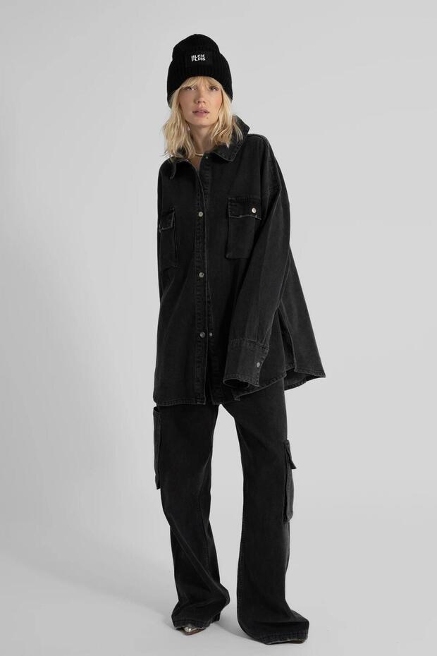 Siyah Oversize Denim Gömlek - 2