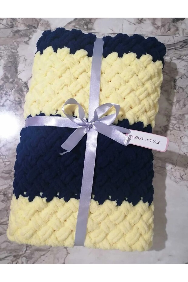 El Örgüsü Alize Puffy Bebek Battaniyesi Sarı Lacivert Hasır Desen - 1