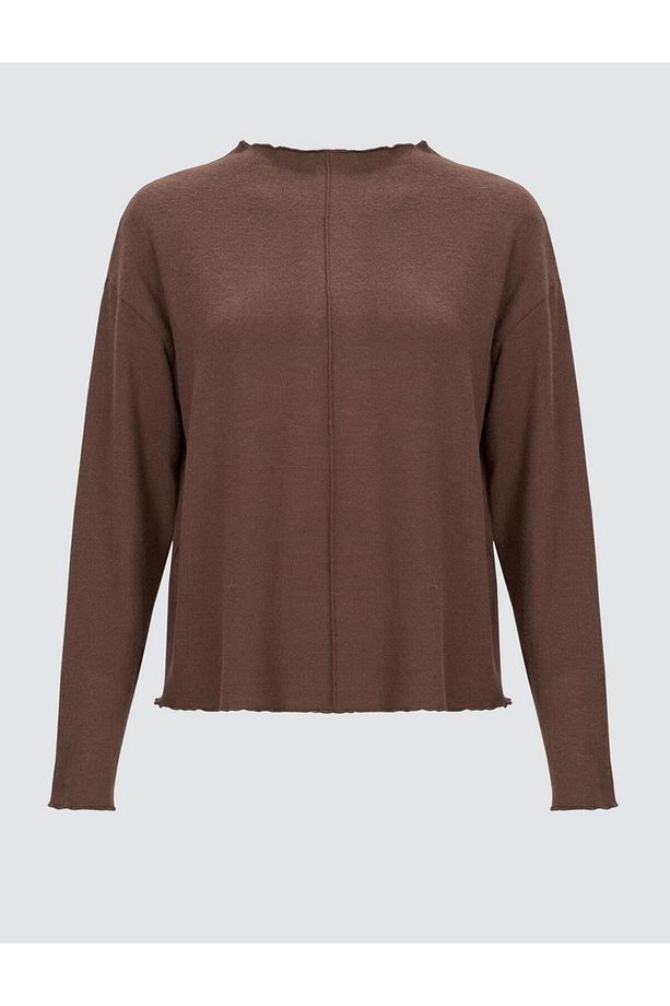 Kahve Melanj Düz Kesim Kayık Yaka Örme Sweatshirt - 7