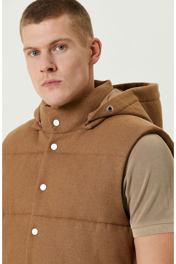 Camel Yün Karışımlı Kapüşonlu Puffer Casual Yelek - 6