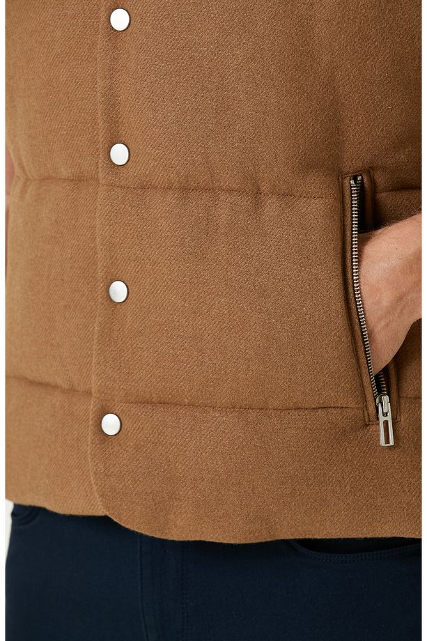 Camel Yün Karışımlı Kapüşonlu Puffer Casual Yelek - 8