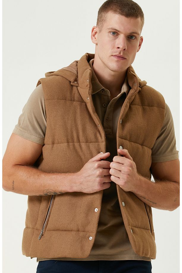 Camel Yün Karışımlı Kapüşonlu Puffer Casual Yelek - 2