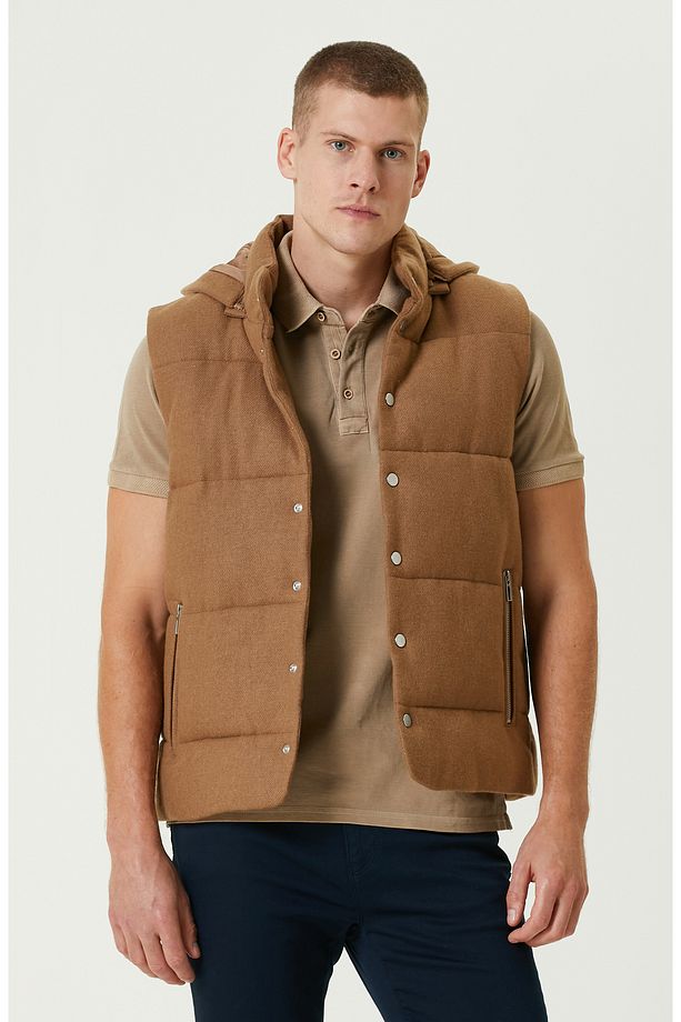 Camel Yün Karışımlı Kapüşonlu Puffer Casual Yelek - 1