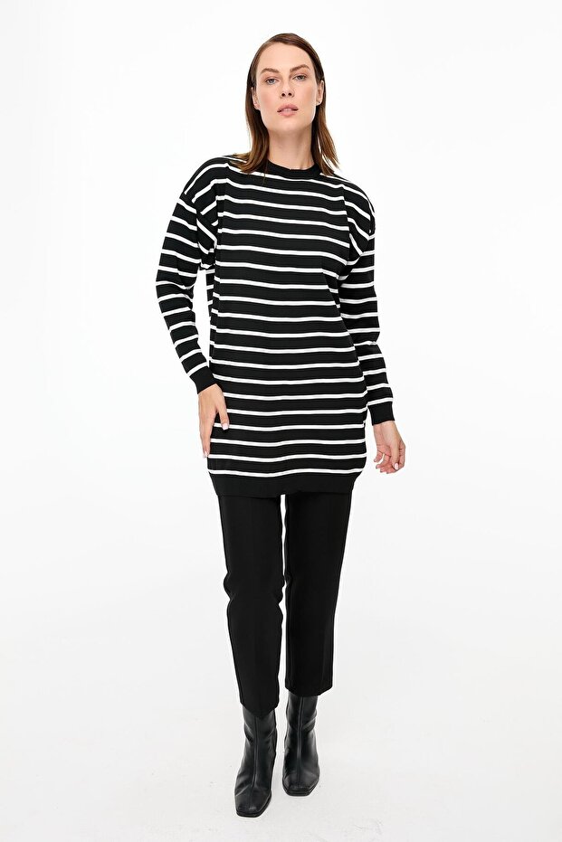 Çizgili Basic Triko Tunik-SİYAH - 6