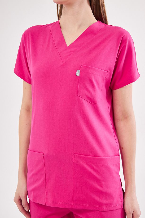 Fuşya Likralı Unisex Yarasa Kol Hemşire Ve Doktor Forması Takımı Scrubs - 7