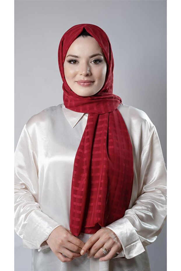 شال شيفون منقوش باللون الأحمر قماش مخطط 202107_31