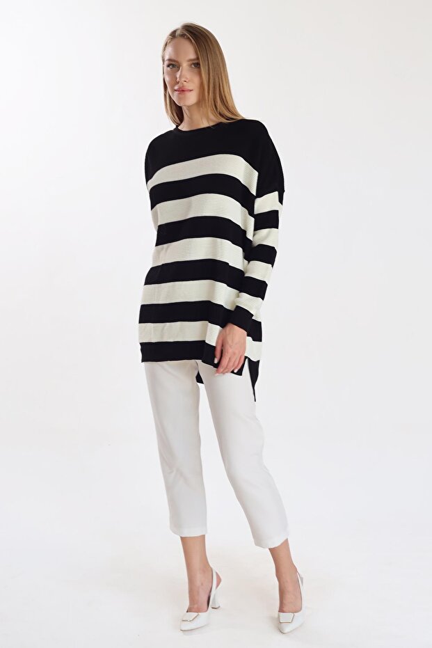 5380 Model - Black Striped Crew Neck Tunic - 3