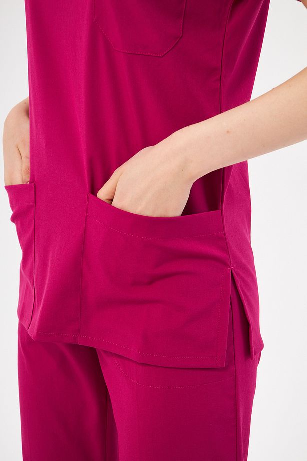 Vişne Likralı Unisex Yarasa Kol Hemşire Ve Doktor Forması Scrubs Hastane Üniforması Takımı - 7