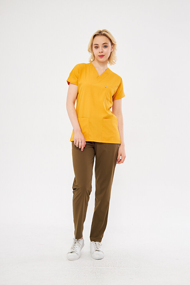 Mustard Khaki Lycra Unisex Bat Sleeve Nurse and Doctor Uniform Set Scrubs Hospital Uniform