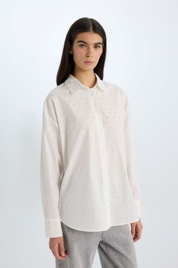 Oversize Geniş Kalıp Poplin Uzun Kollu Gömlek B6604ax24wn - 1