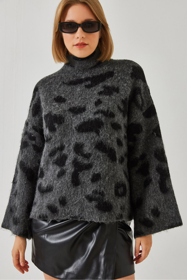 Women's Anthracite Half Turtleneck Patterned Knitwear Sweater 241188 60261035