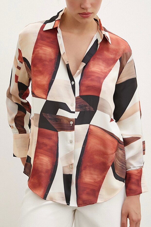 Patterned V-Neck Shirt Brown - 5