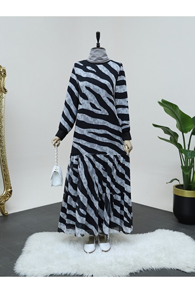 Zebra Desen Eteği Parçalı Astarlı Şifon Elbise -siyah - 2