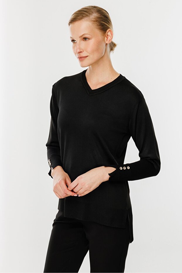 V Yaka Basic Triko Kazak-SİYAH - 1