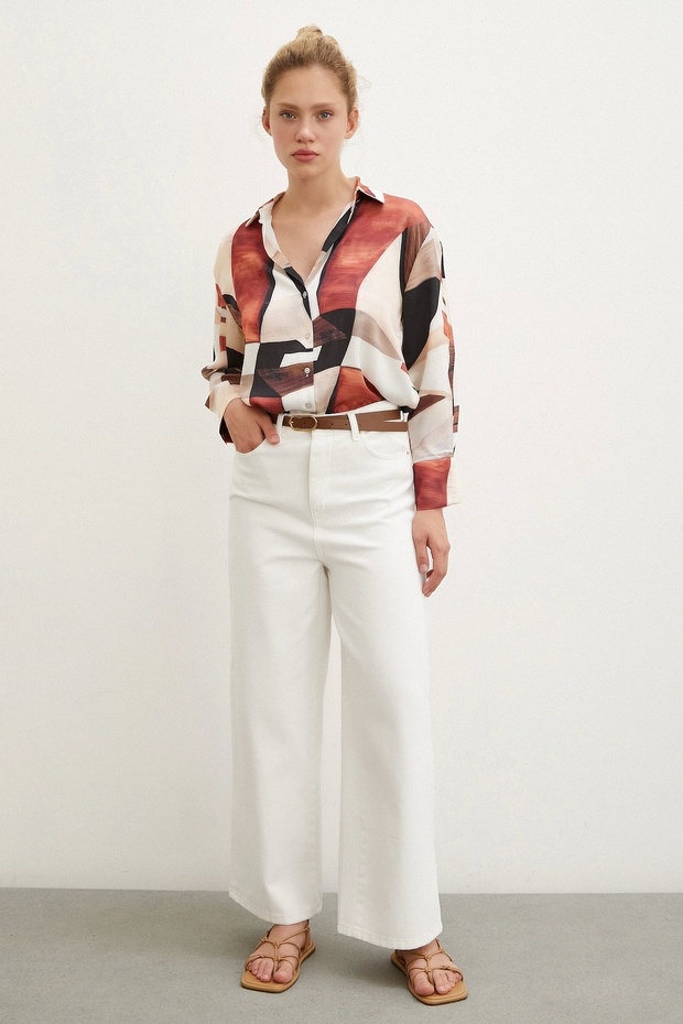 Patterned V-Neck Shirt Brown - 2