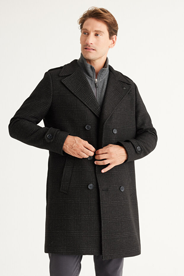 Paltoane pentru bărbați din lână neagră, cu croiala normală, cu guler mono - 5