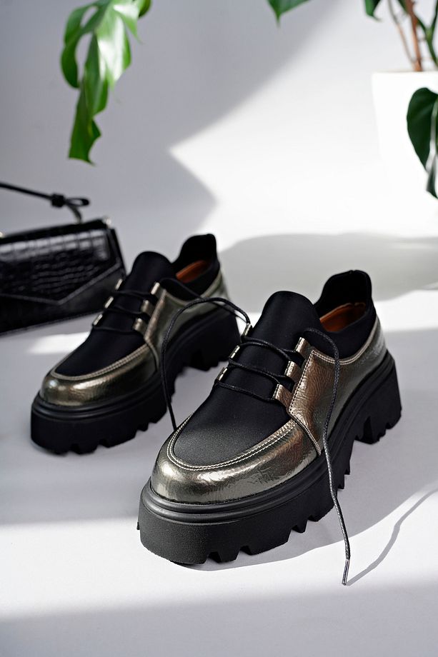 Flex Model Scuba Dalgıç Kumaş Detaylı Platin Gümüş Kırışık Rugan Bağcıklı Kadın Loafer Ayakkabı - 4