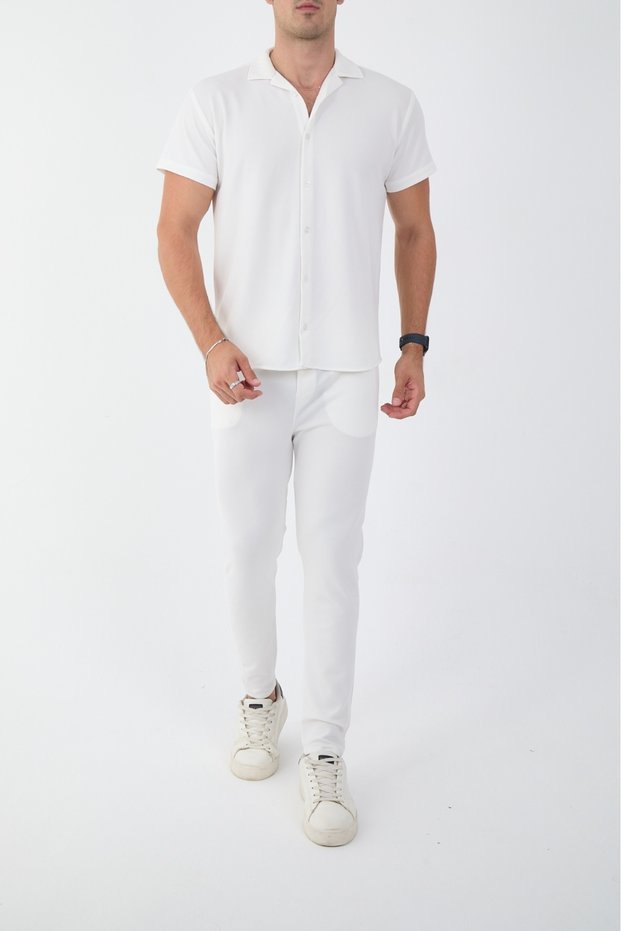 White Color Slim Fit Men's Pants - Shirt Bottom Top Set
