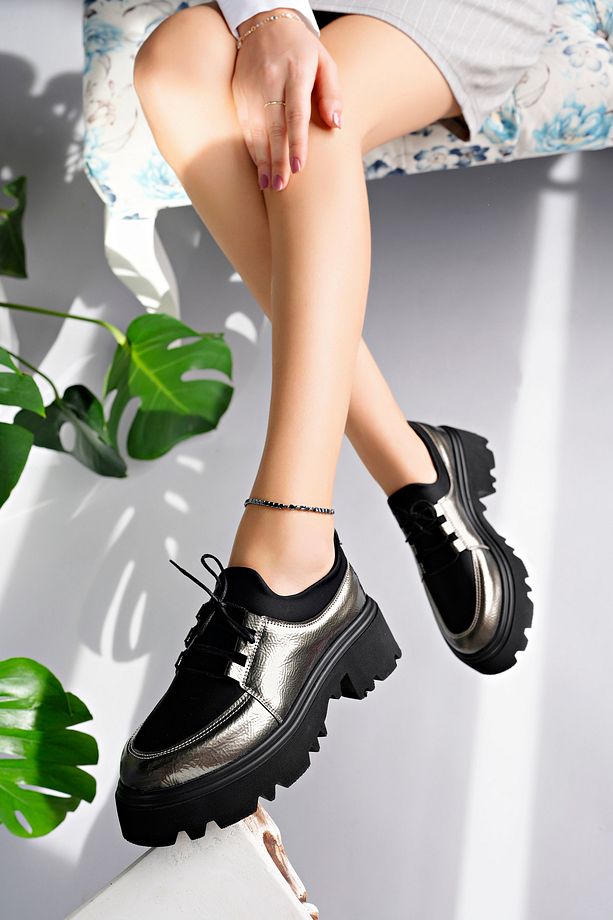 Flex Model Scuba Dalgıç Kumaş Detaylı Platin Gümüş Kırışık Rugan Bağcıklı Kadın Loafer Ayakkabı - 5