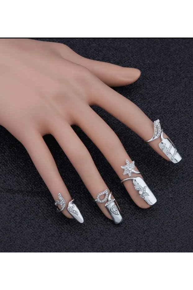 Set of 4 Stones Nail Art Adjustable Rings Stylish Finger Ornaments Perfect for Cosplay Show