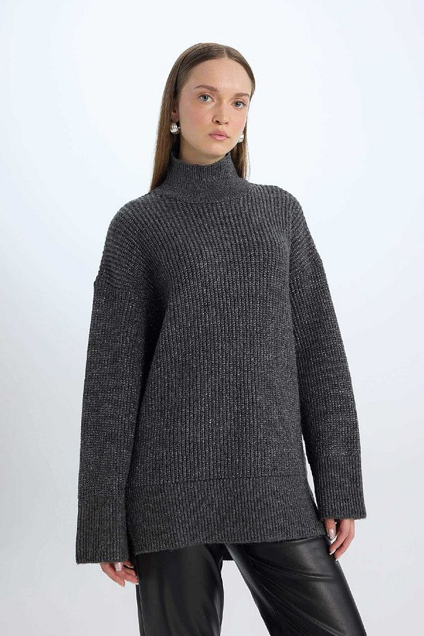 Regular Fit Balıkçı Yaka Basic Düz Triko Kazak Tunik B6376ax24wn - 4