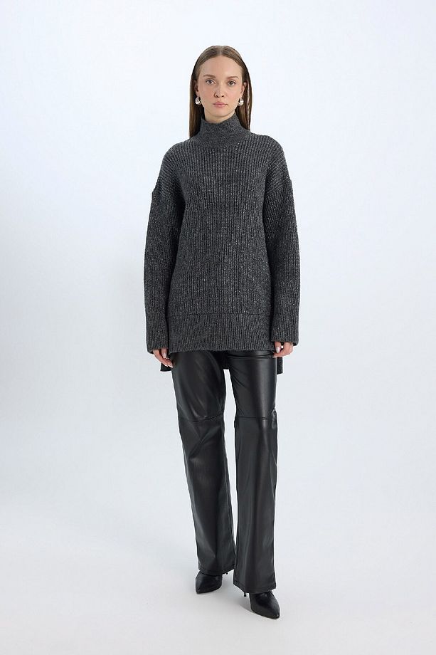 Regular Fit Balıkçı Yaka Basic Düz Triko Kazak Tunik B6376ax24wn - 2