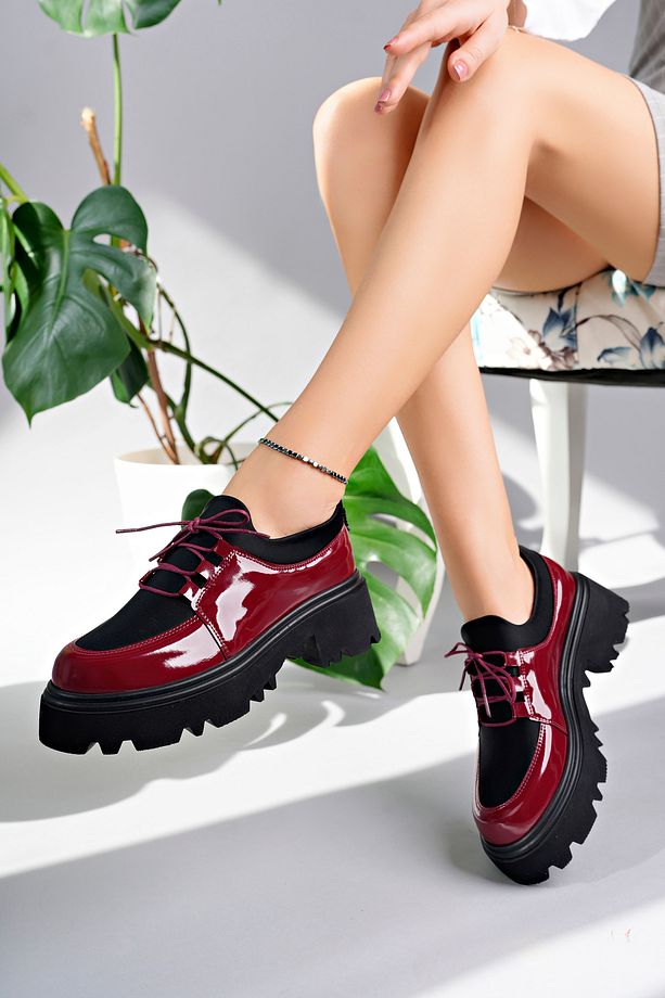 Flex Model Scuba Dalgıç Kumaş Detaylı Bordo Kırışık Rugan Bağcıklı Kadın Loafer Ayakkabı - 5
