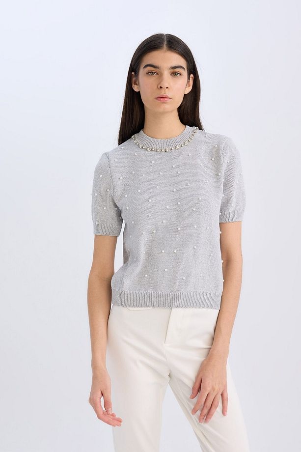 Regular Fit Taşlı Bisiklet Yaka Basic Düz Triko Kazak D8520AX24WN - 3