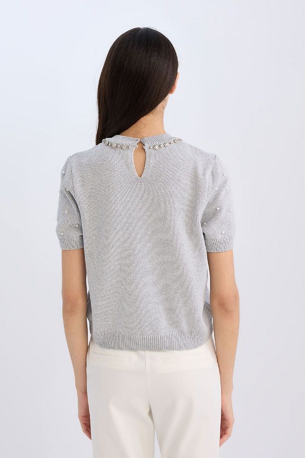 Regular Fit Taşlı Bisiklet Yaka Basic Düz Triko Kazak D8520AX24WN - 6